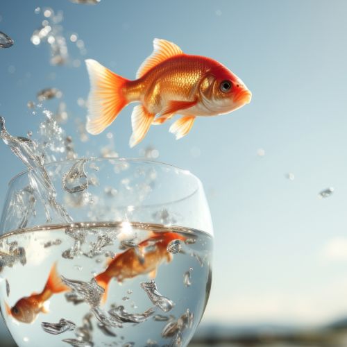 Goldfisch springt aus einem Glas mit Wasser